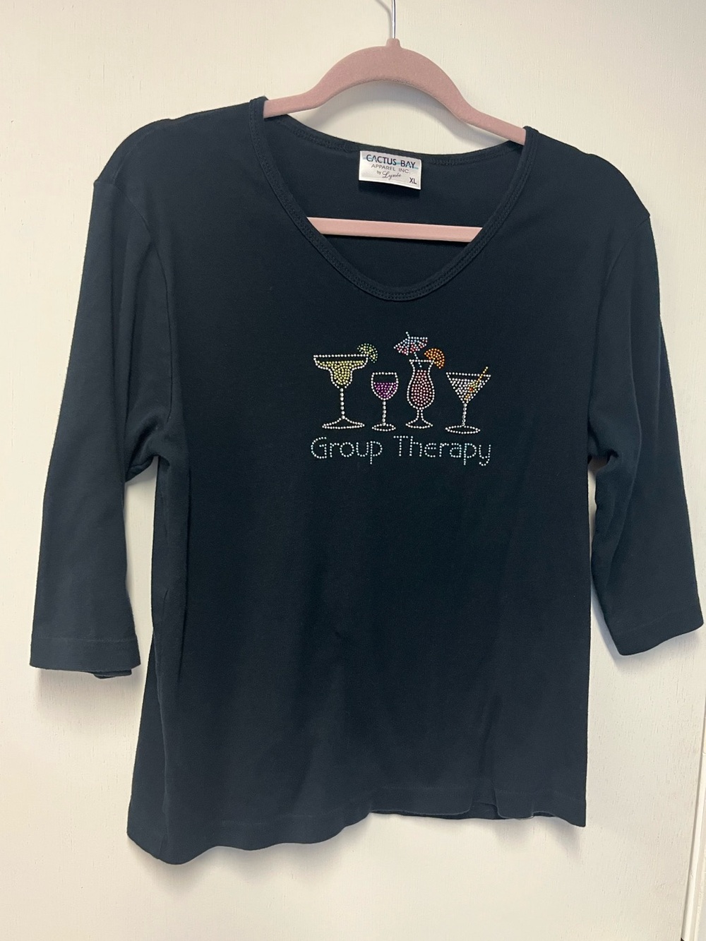 Cactus Bay Rhinestone Martini Wine Cocktail Graphic Tee 3/4 length